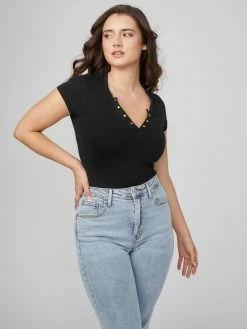 Top 10 💯 Guess Factory Cerise Studded Split-Neck Top for 👩 women ✨