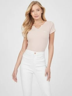 Deals 🎉 Guess Factory Yara Logo Notched V-Neck Tee for 👩 women 🛒