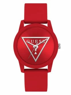 Best Sale 🤩 Guess Factory Silver-Tone and Red Silicone Analog ⌚ Watch for men 😀