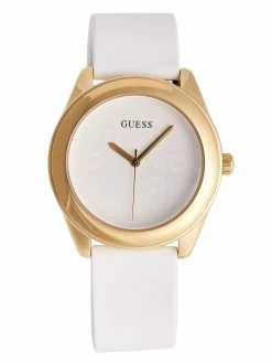 Budget 🔥 Guess Factory White and Gold-Tone Silicone Logo ⌚ Watch for 👩 women 👍