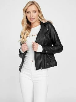 New 😍 Guess Factory Baker Hooded Faux-Leather Moto Jacket for 👩 women 🔥