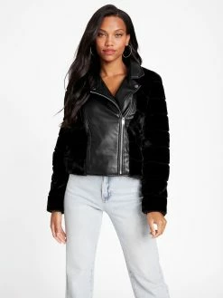 New 😉 Guess Factory Cadia Faux-Fur Moto Jacket for 👩 women 👍
