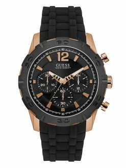 Flash Sale 💯 Guess Factory Black And Rose Gold-Tone Silicone ⌚ Watch for men 😀