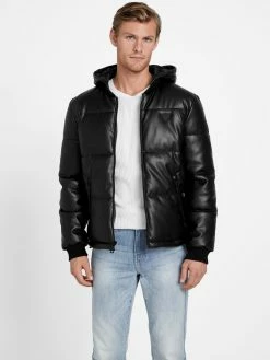 Coupon 🌟 Guess Factory Koy Faux-Leather Hooded Jacket for men 🎁